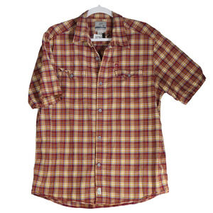 Quiksilver Button Up Shirt Mens Size XL Red Plaid Board Riding Flap Pockets Logo